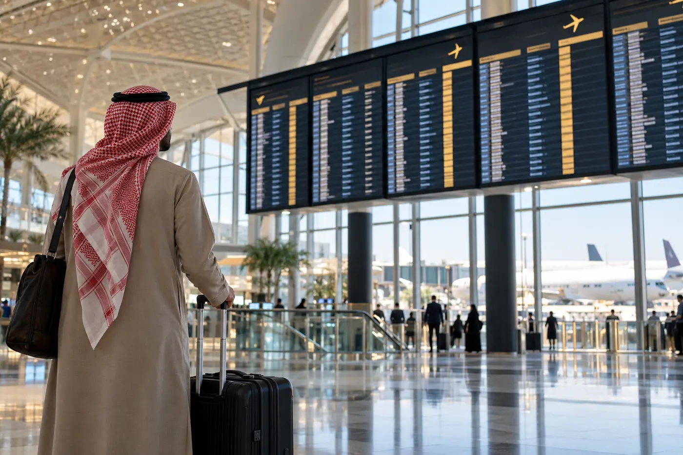 مسافر يراجع لوحة الرحلات داخل المطار
